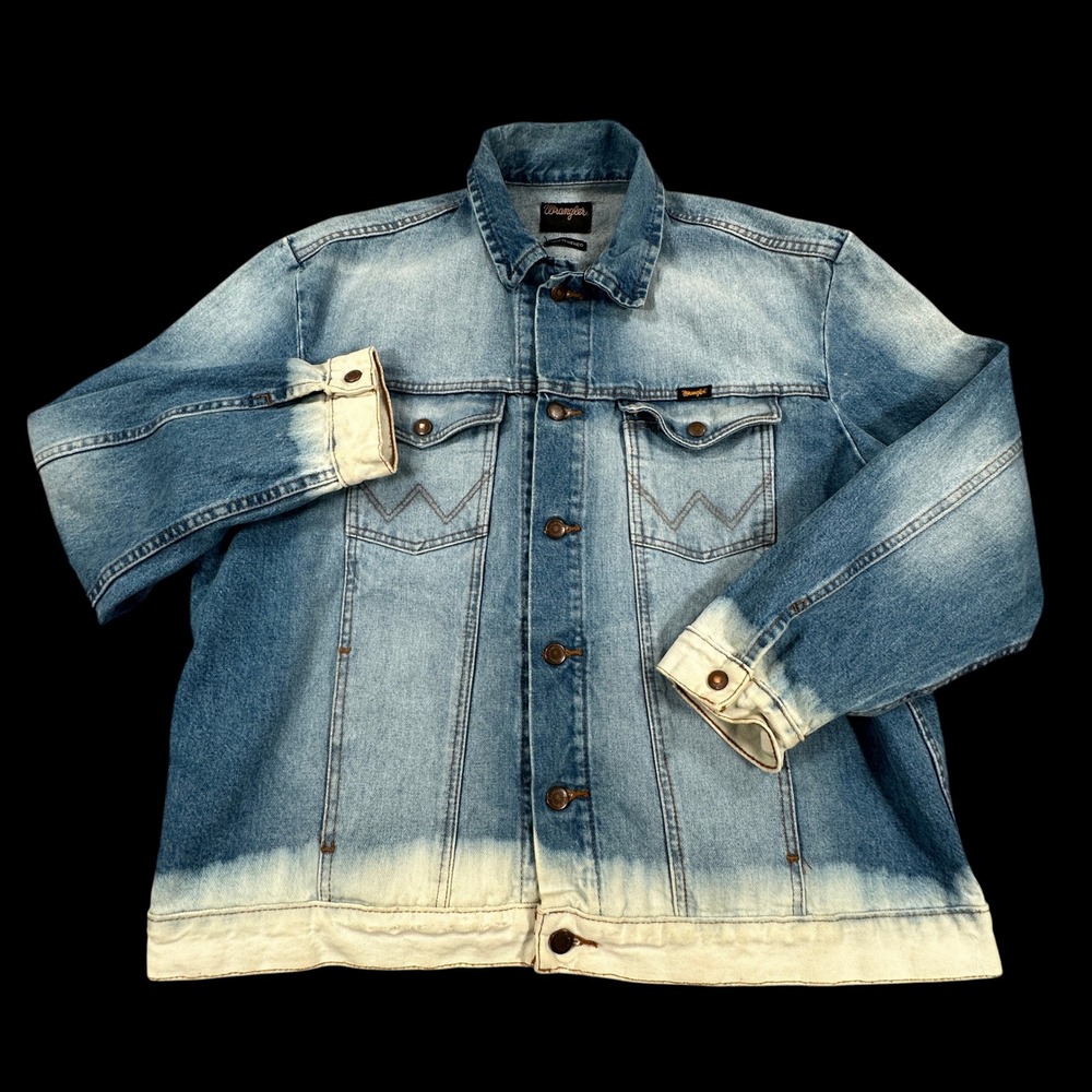 Vintage Wrangler Denim Jacket Mens XL Blue Dip Dye Bleached Distressed Trucker